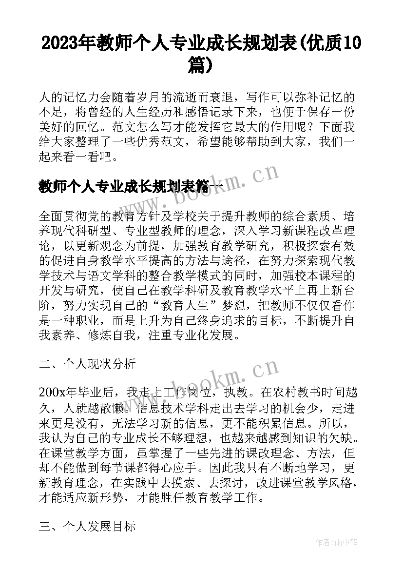 2023年教师个人专业成长规划表(优质10篇)