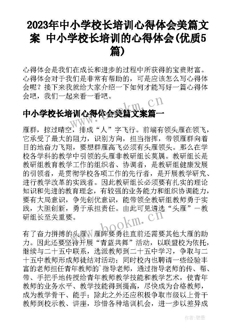 2023年中小学校长培训心得体会美篇文案 中小学校长培训的心得体会(优质5篇)