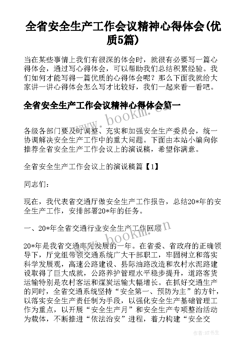 全省安全生产工作会议精神心得体会(优质5篇)