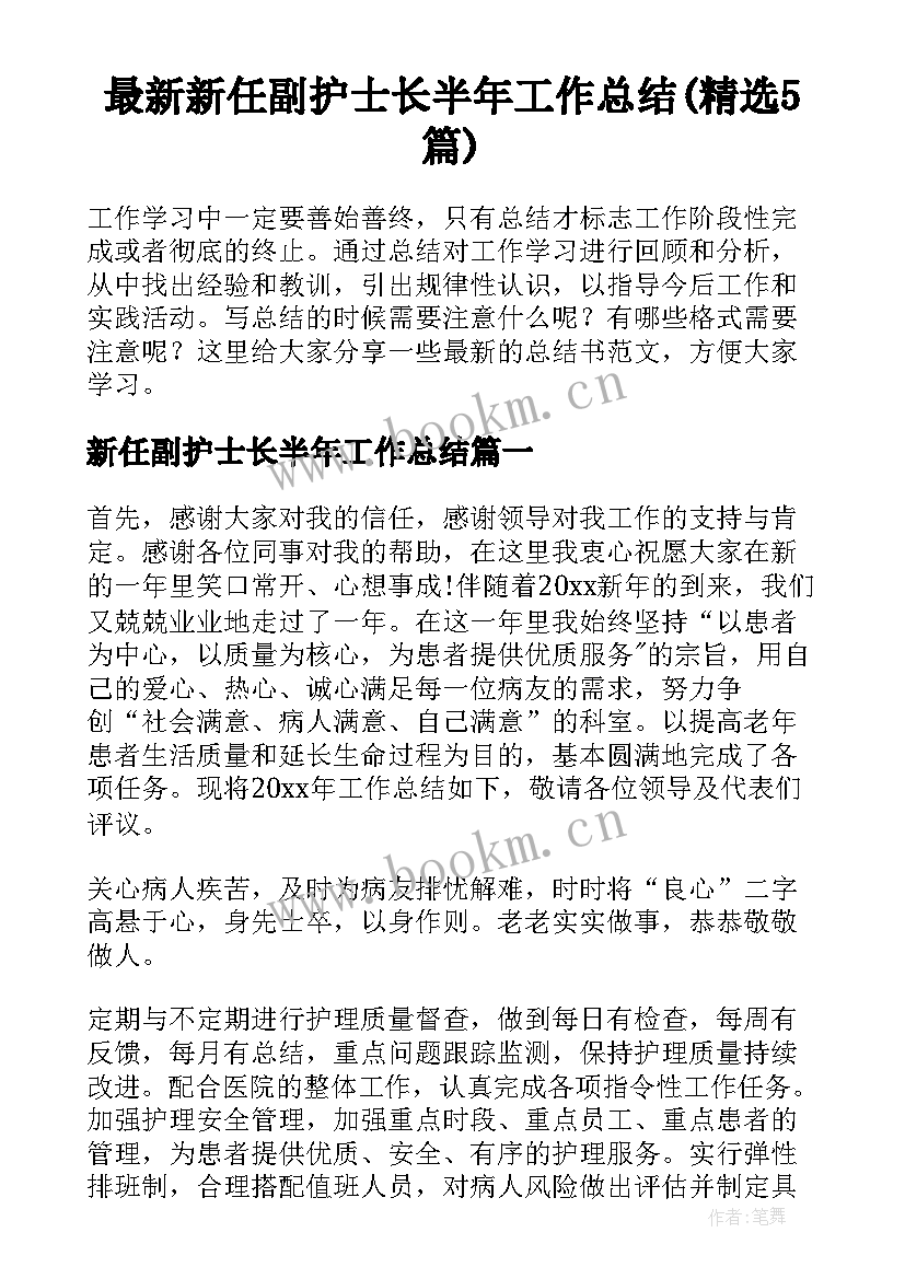 最新新任副护士长半年工作总结(精选5篇)