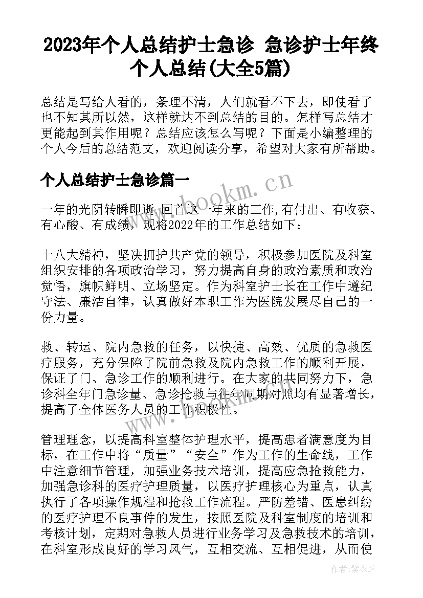 2023年个人总结护士急诊 急诊护士年终个人总结(大全5篇)