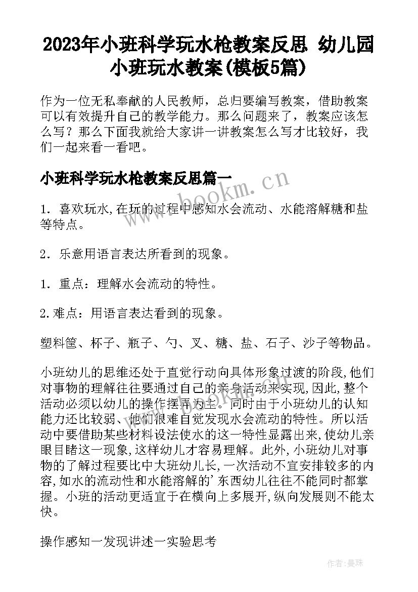 2023年小班科学玩水枪教案反思 幼儿园小班玩水教案(模板5篇)