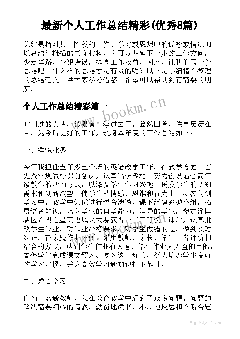 最新个人工作总结精彩(优秀8篇)