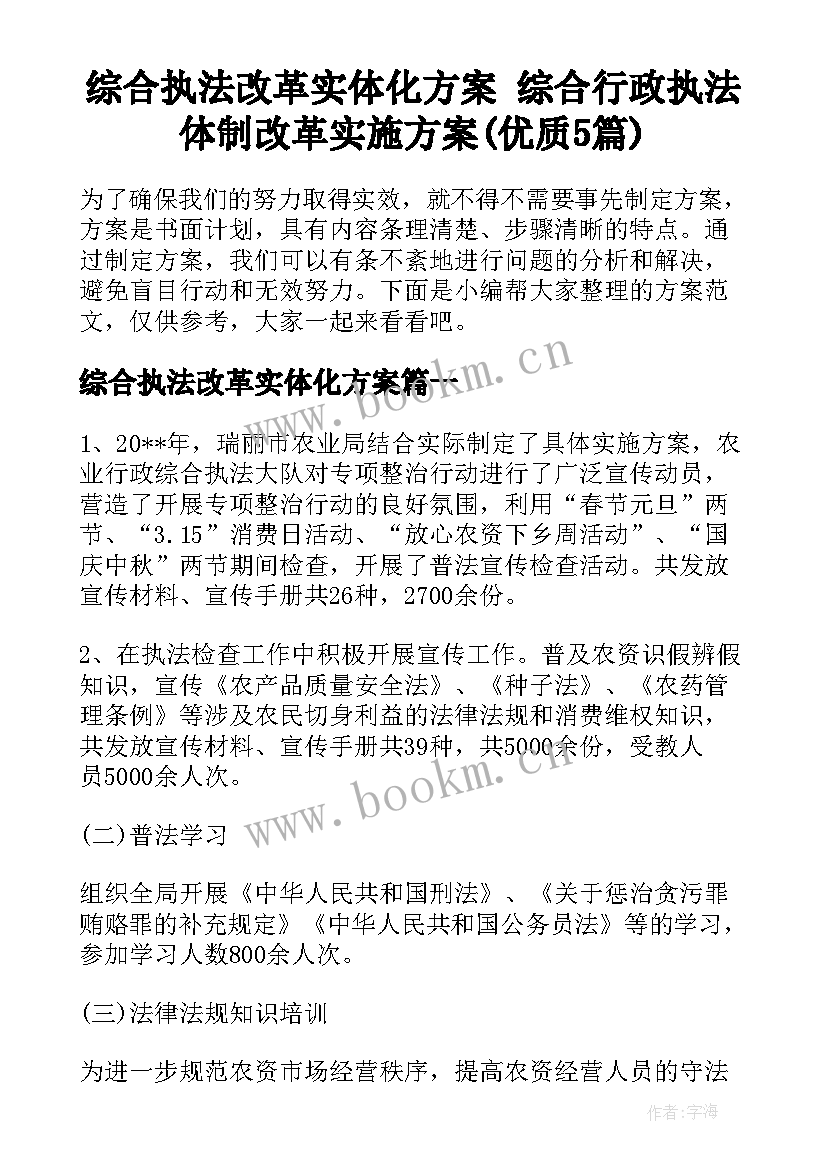 综合执法改革实体化方案 综合行政执法体制改革实施方案(优质5篇)