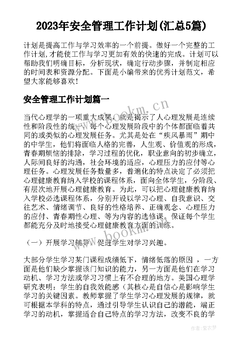 2023年安全管理工作计划(汇总5篇)