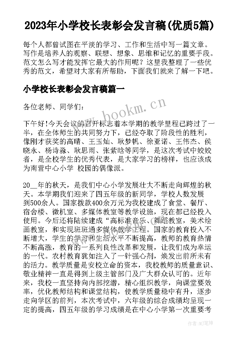 2023年小学校长表彰会发言稿(优质5篇)