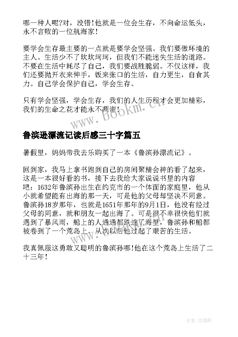 鲁滨逊漂流记读后感三十字 鲁滨逊漂流记三十章读后感(实用5篇)