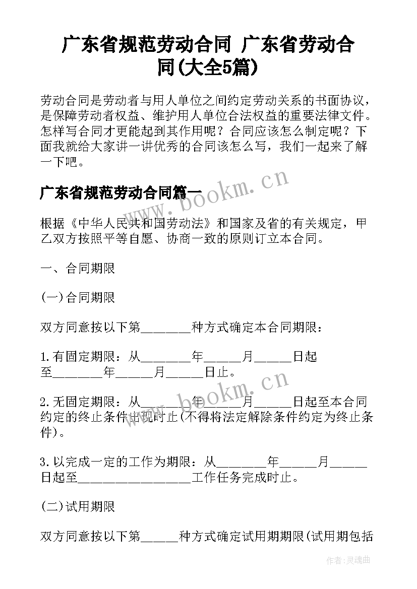 广东省规范劳动合同 广东省劳动合同(大全5篇)