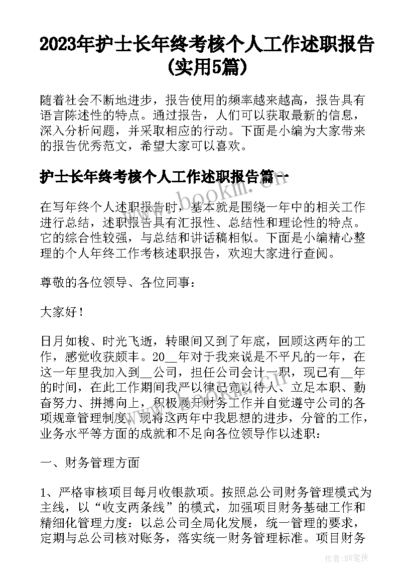 2023年护士长年终考核个人工作述职报告(实用5篇)