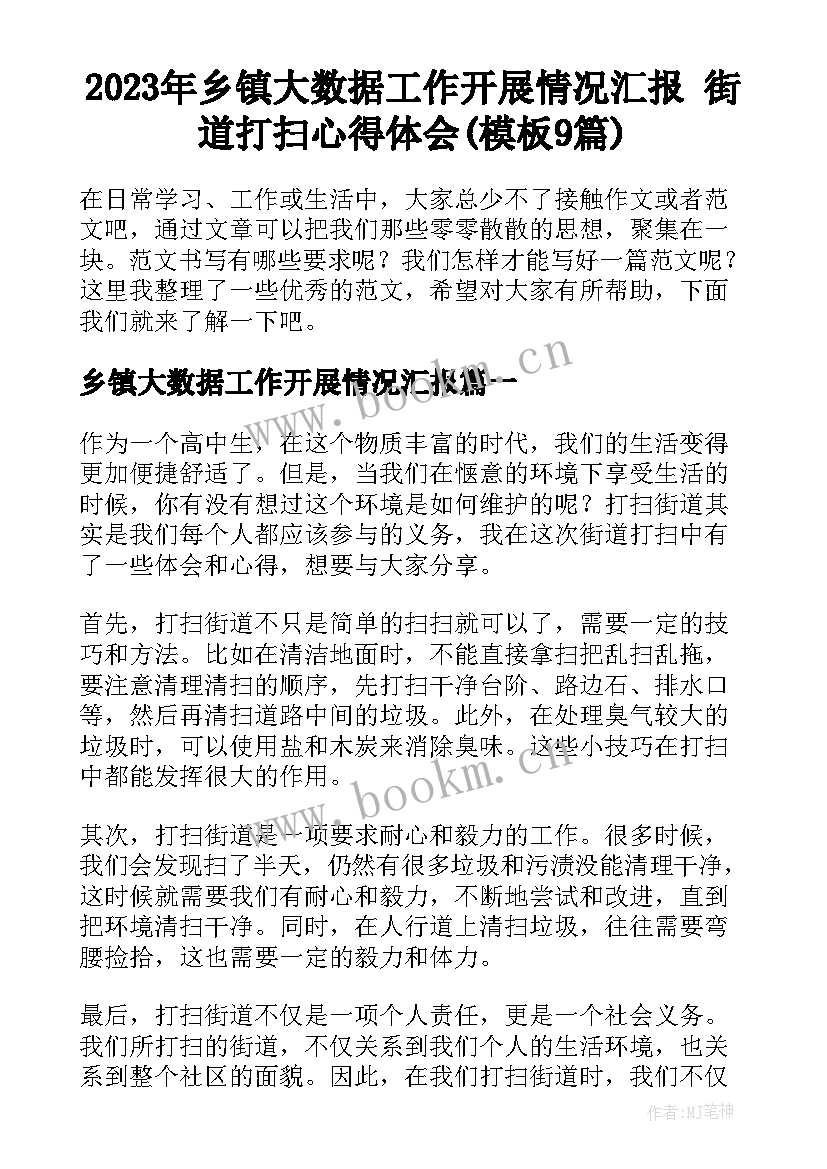 2023年乡镇大数据工作开展情况汇报 街道打扫心得体会(模板9篇)