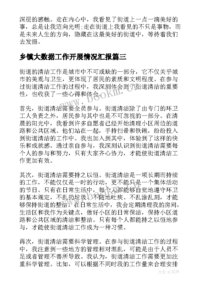 2023年乡镇大数据工作开展情况汇报 街道打扫心得体会(模板9篇)