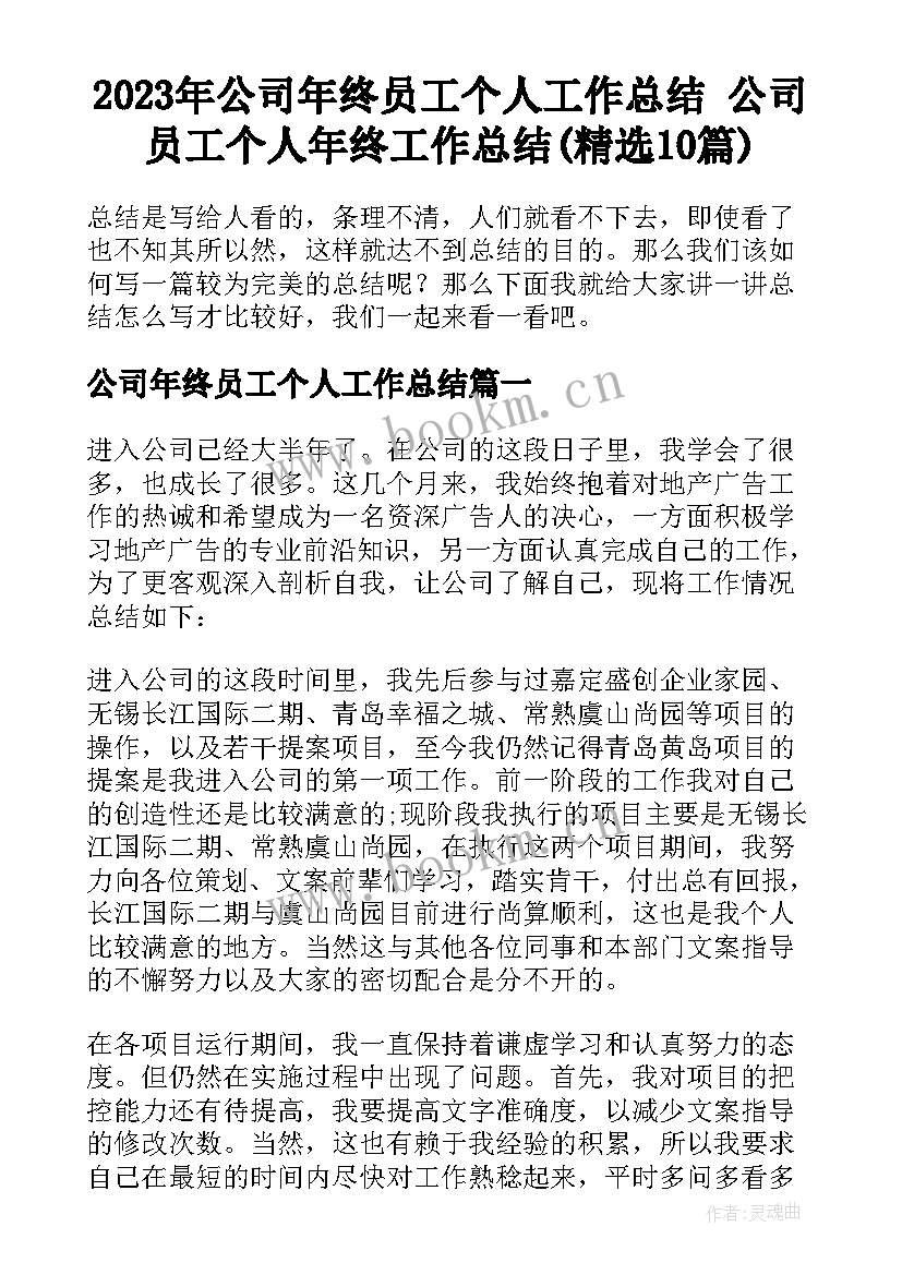 2023年公司年终员工个人工作总结 公司员工个人年终工作总结(精选10篇)