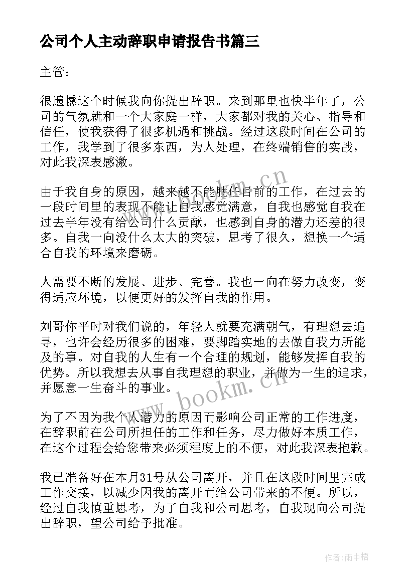 公司个人主动辞职申请报告书(大全5篇)