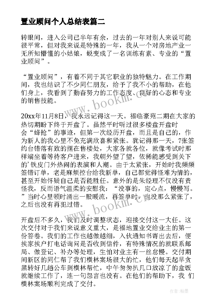 最新置业顾问个人总结表 置业顾问个人工作总结(大全7篇)