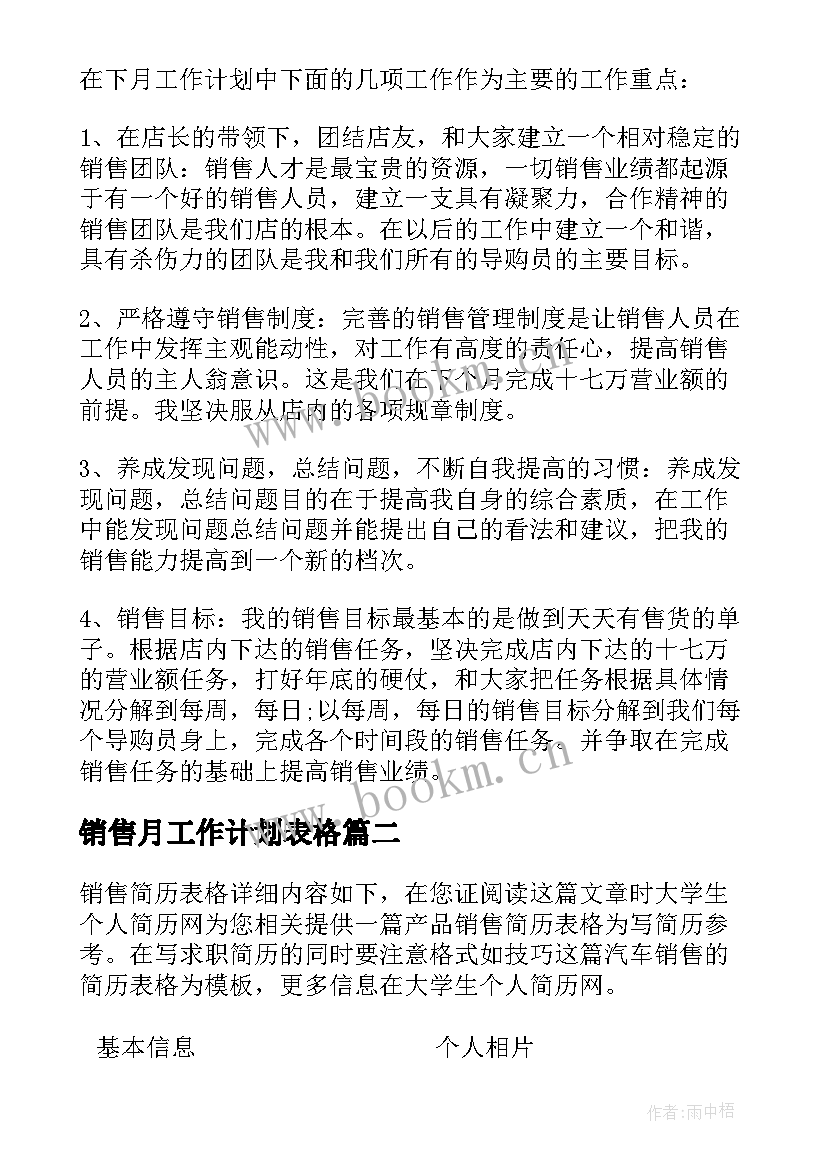 2023年销售月工作计划表格(优秀5篇)