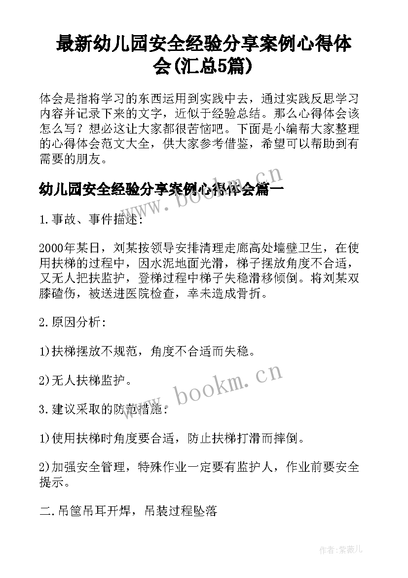 最新幼儿园安全经验分享案例心得体会(汇总5篇)