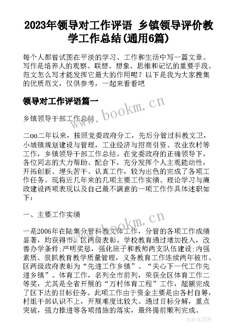 2023年领导对工作评语 乡镇领导评价教学工作总结(通用6篇)