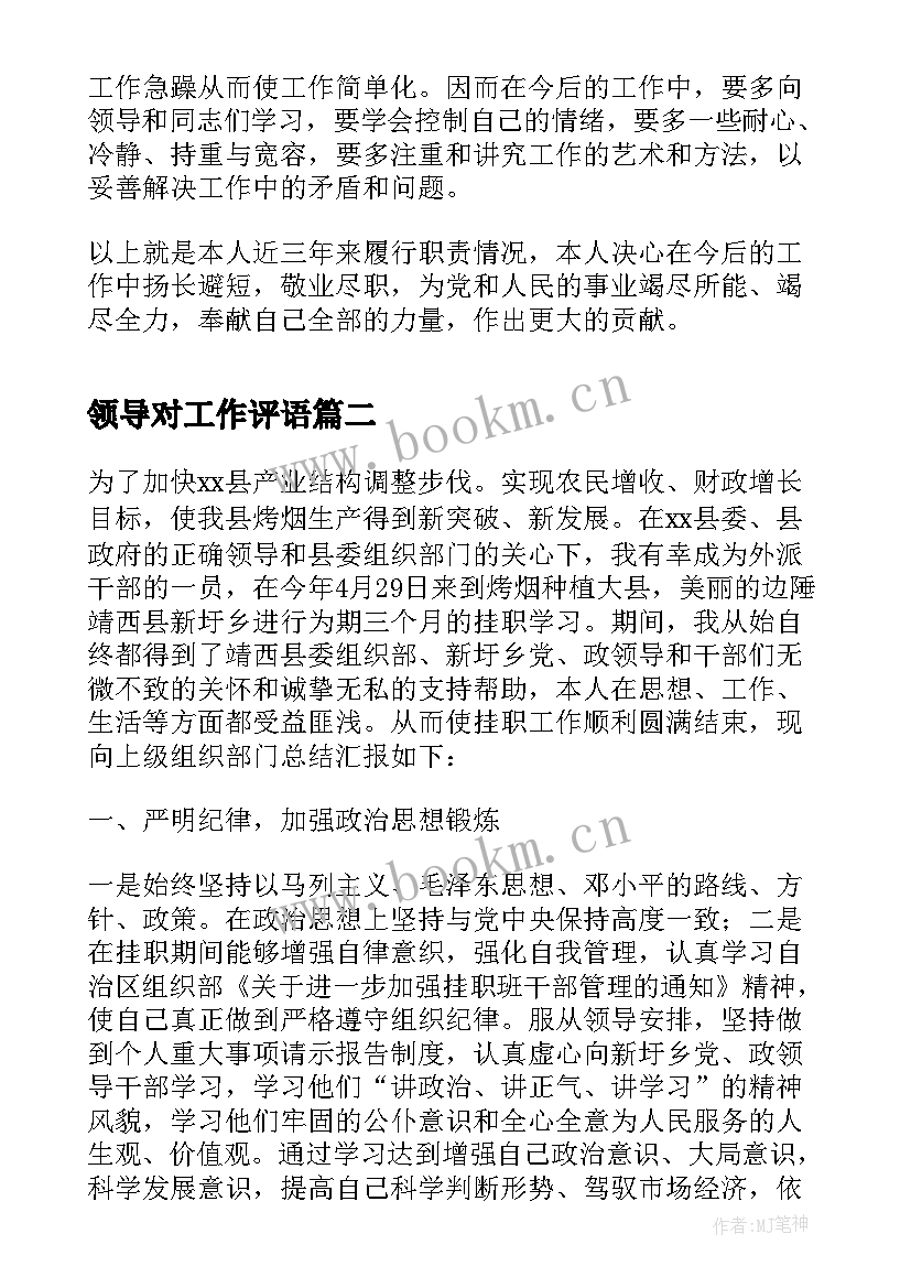 2023年领导对工作评语 乡镇领导评价教学工作总结(通用6篇)