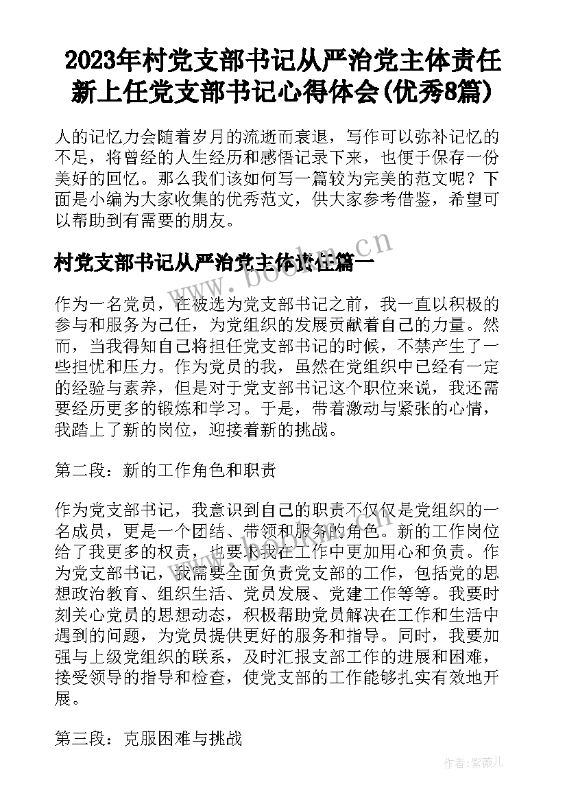 2023年村党支部书记从严治党主体责任 新上任党支部书记心得体会(优秀8篇)