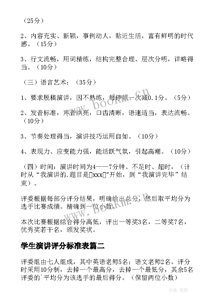 最新学生演讲评分标准表 小学生演讲比赛评分标准(优秀5篇)