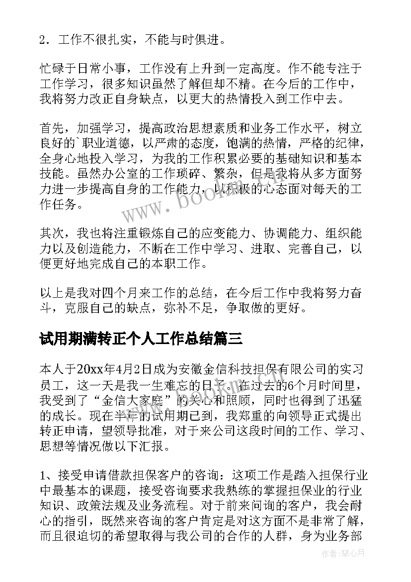 最新试用期满转正个人工作总结(模板7篇)