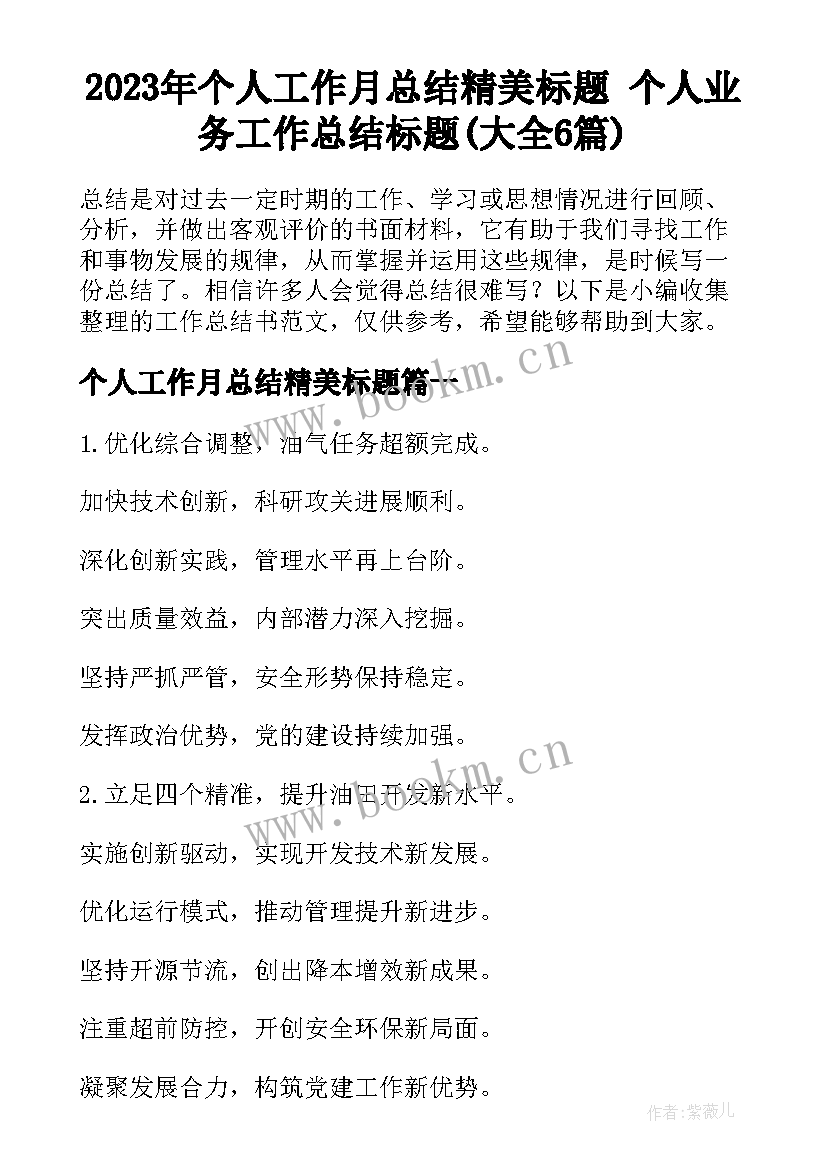 2023年个人工作月总结精美标题 个人业务工作总结标题(大全6篇)