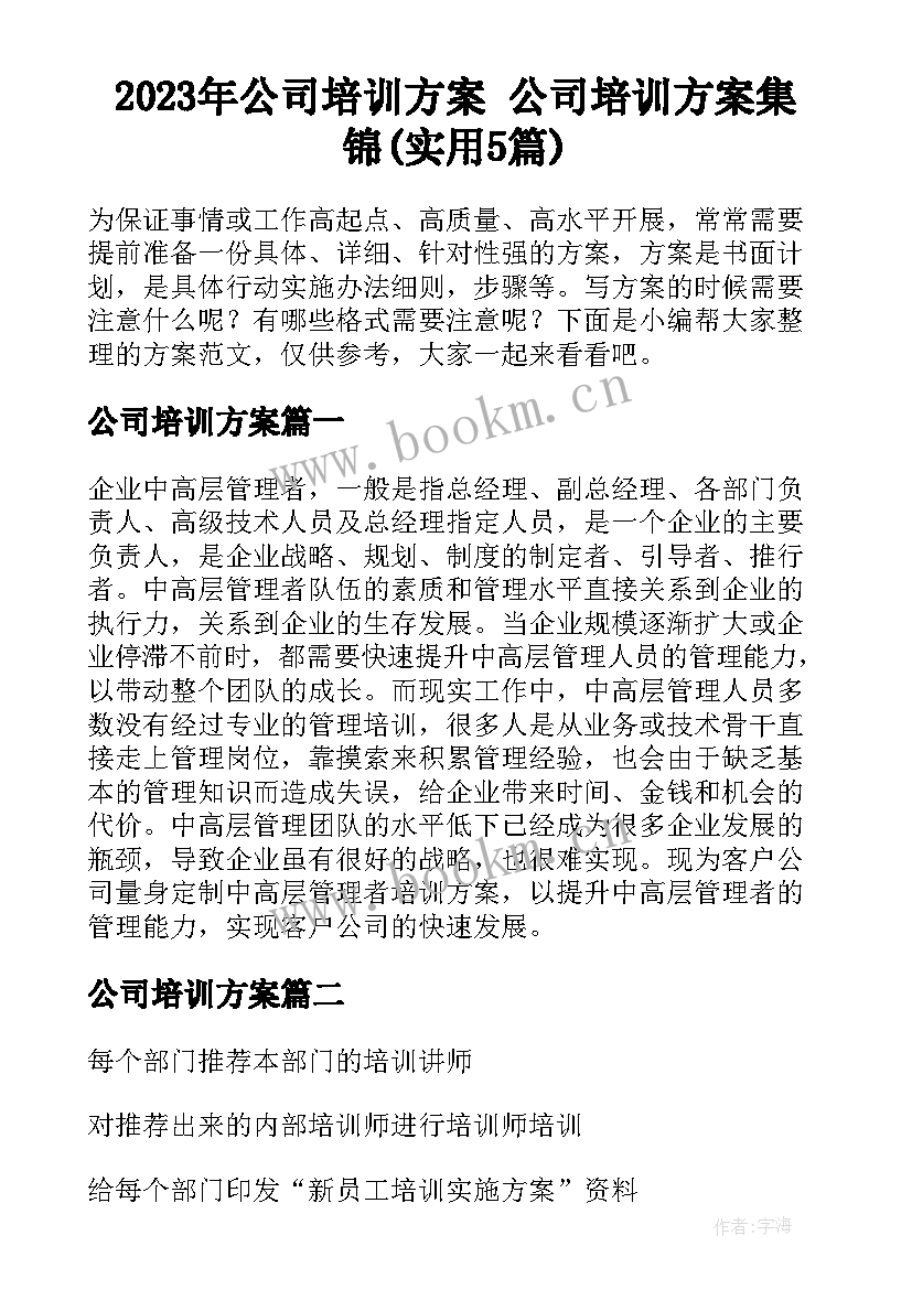 2023年公司培训方案 公司培训方案集锦(实用5篇)