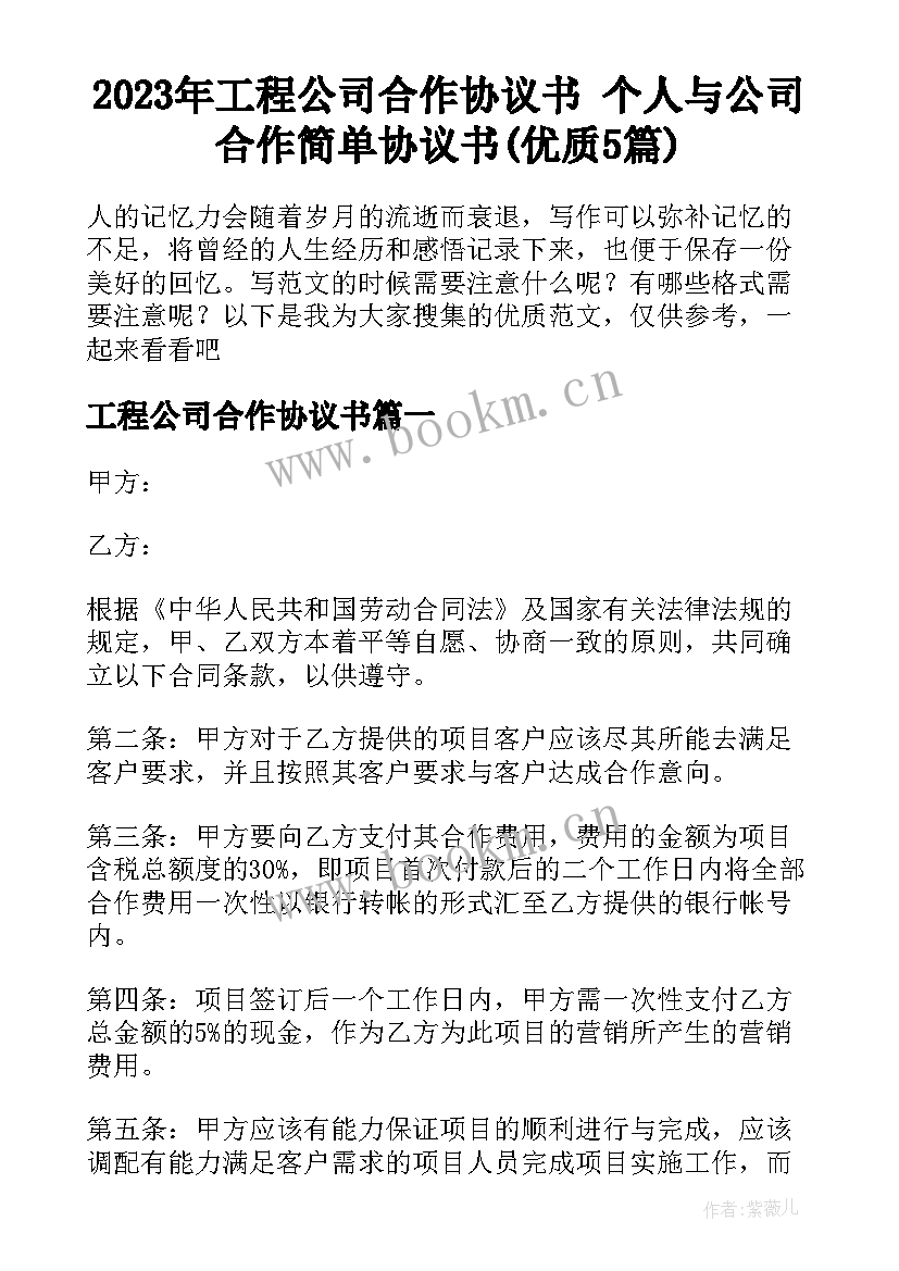 2023年工程公司合作协议书 个人与公司合作简单协议书(优质5篇)