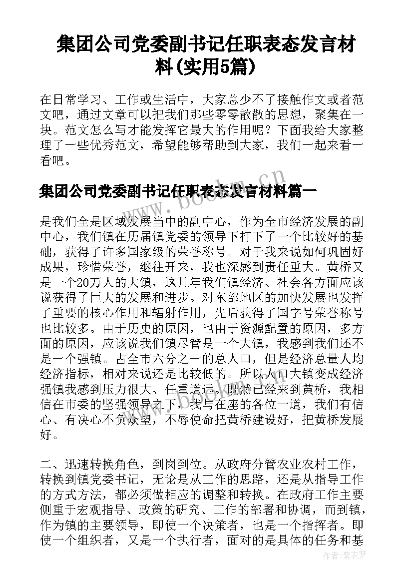 集团公司党委副书记任职表态发言材料(实用5篇)