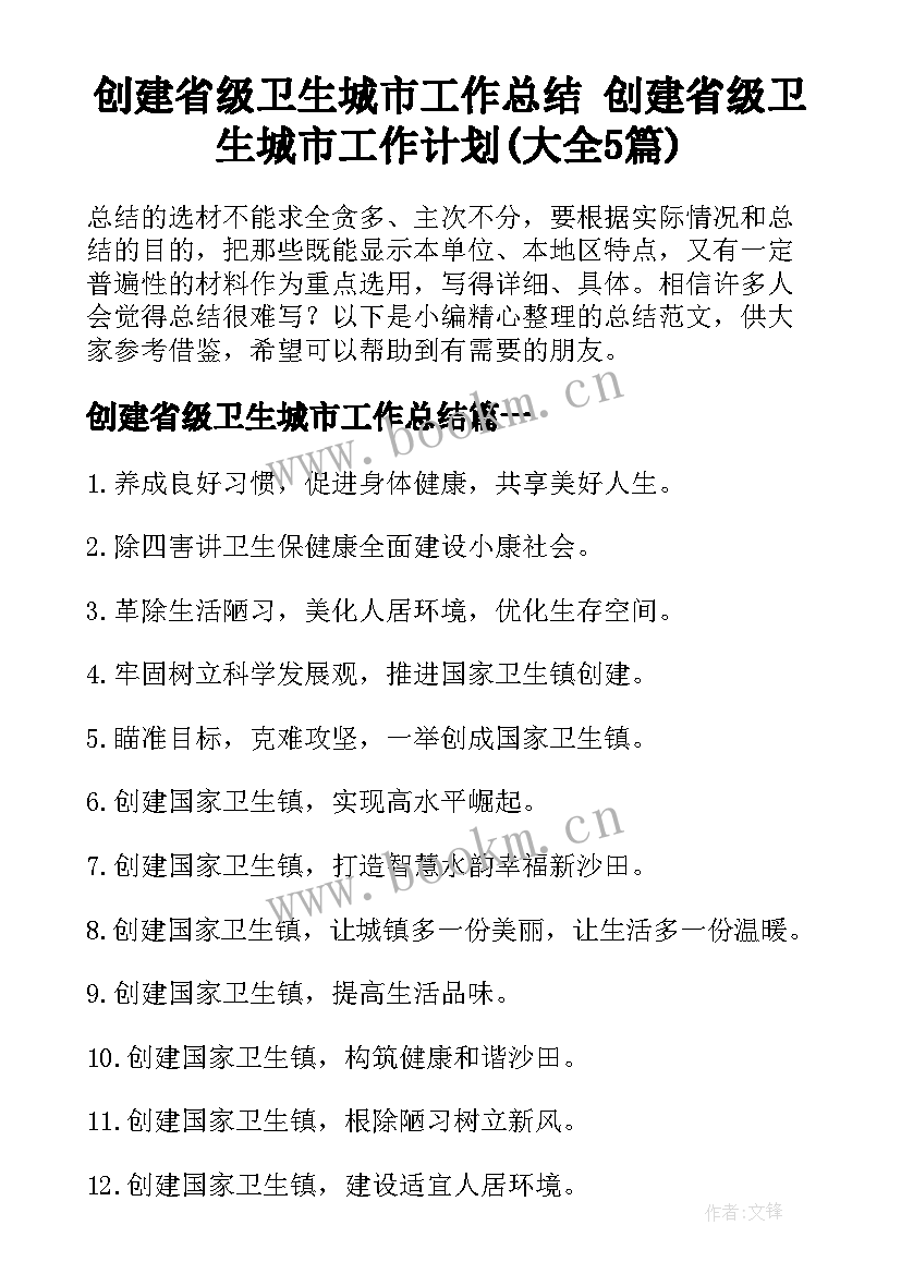 创建省级卫生城市工作总结 创建省级卫生城市工作计划(大全5篇)