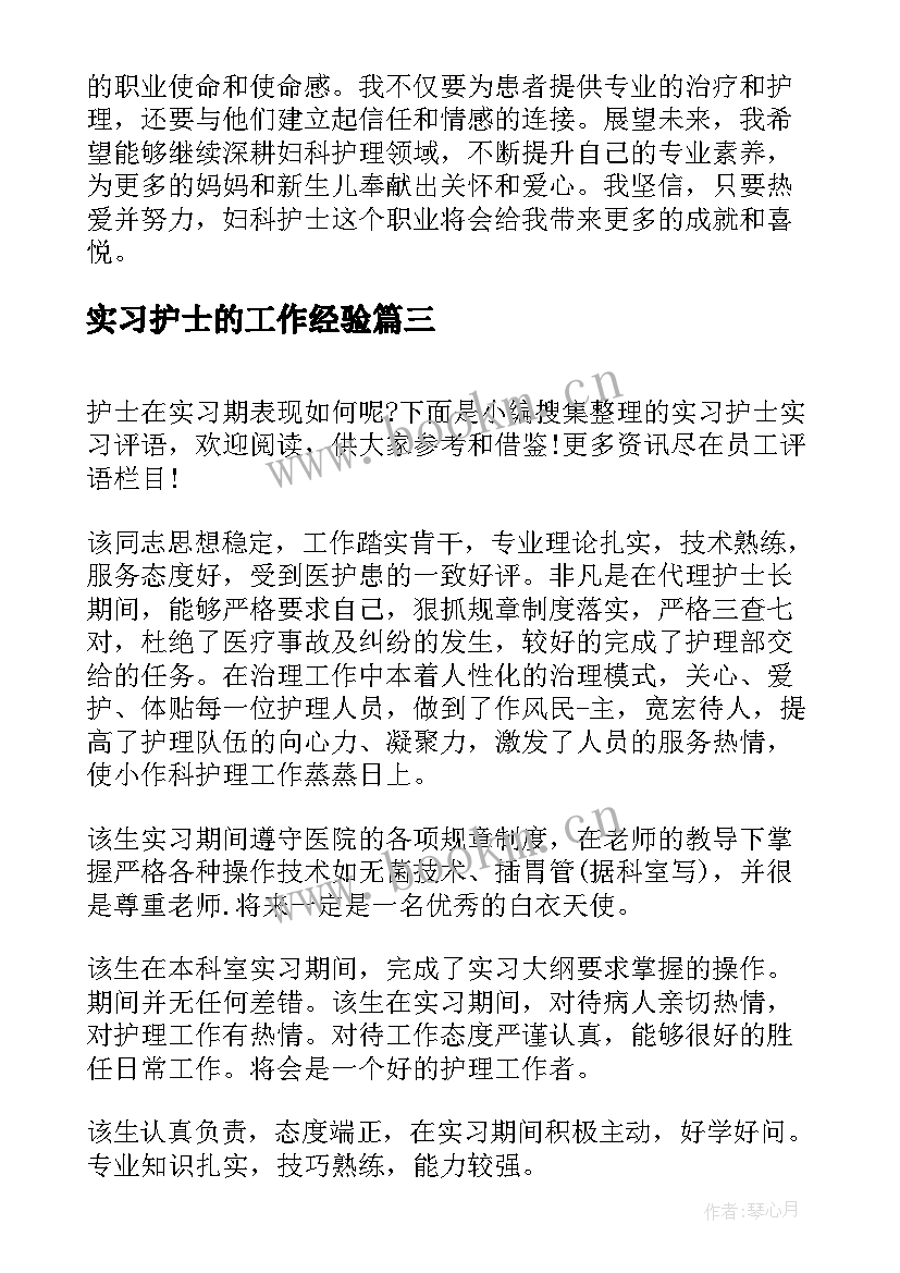 最新实习护士的工作经验(实用10篇)