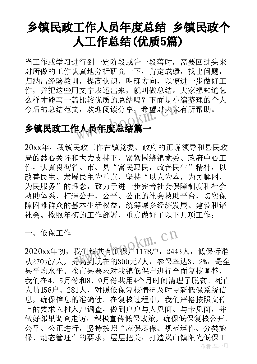 乡镇民政工作人员年度总结 乡镇民政个人工作总结(优质5篇)