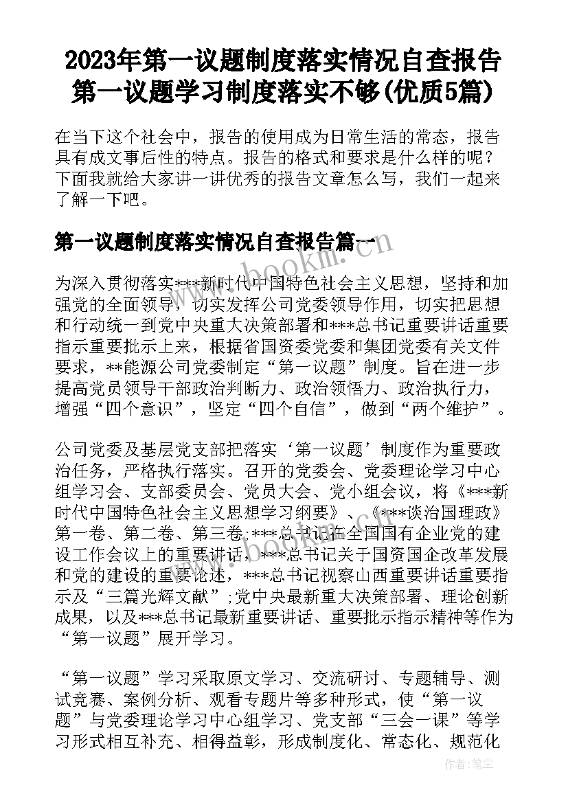 2023年第一议题制度落实情况自查报告 第一议题学习制度落实不够(优质5篇)