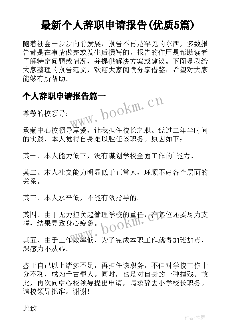 最新个人辞职申请报告(优质5篇)