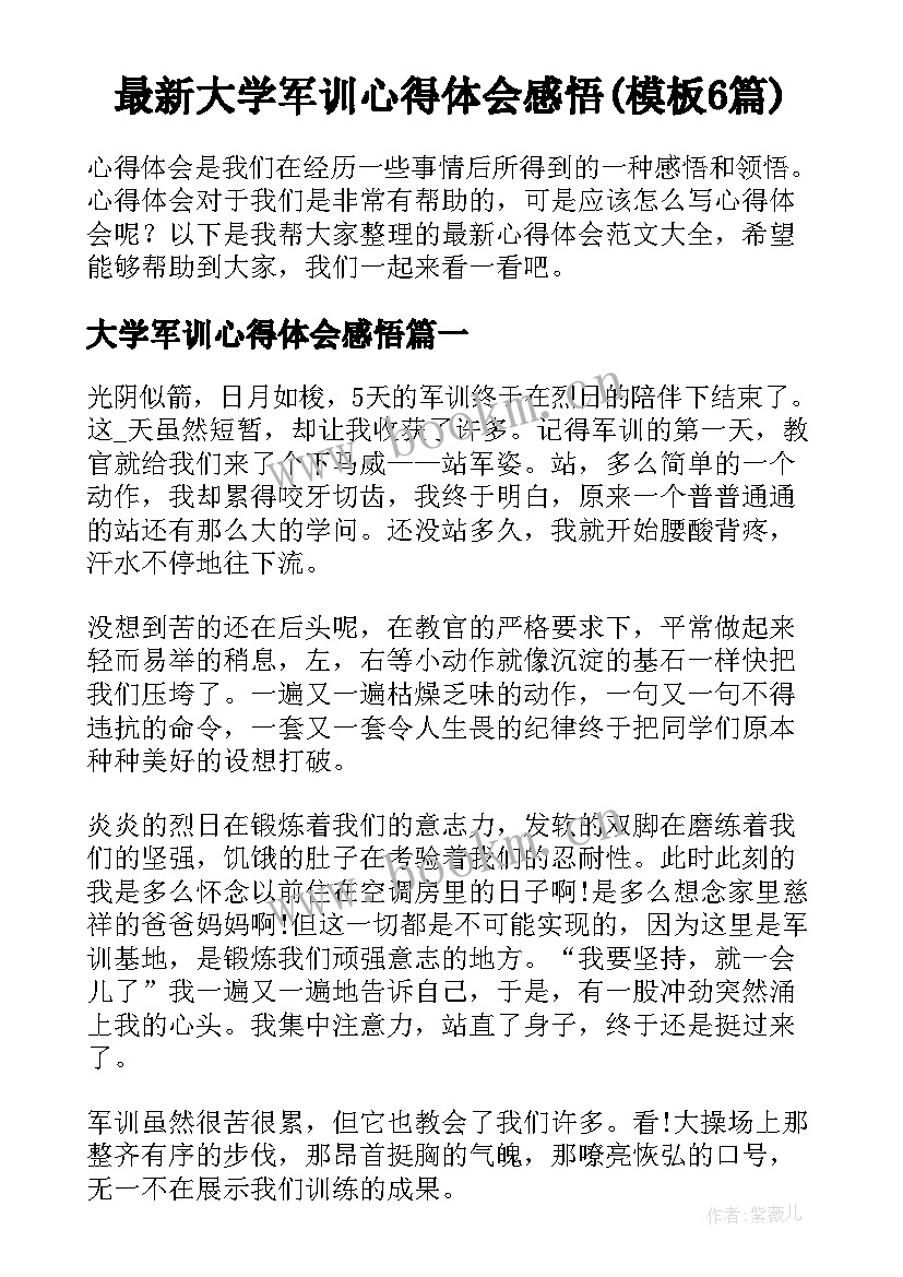 最新大学军训心得体会感悟(模板6篇)