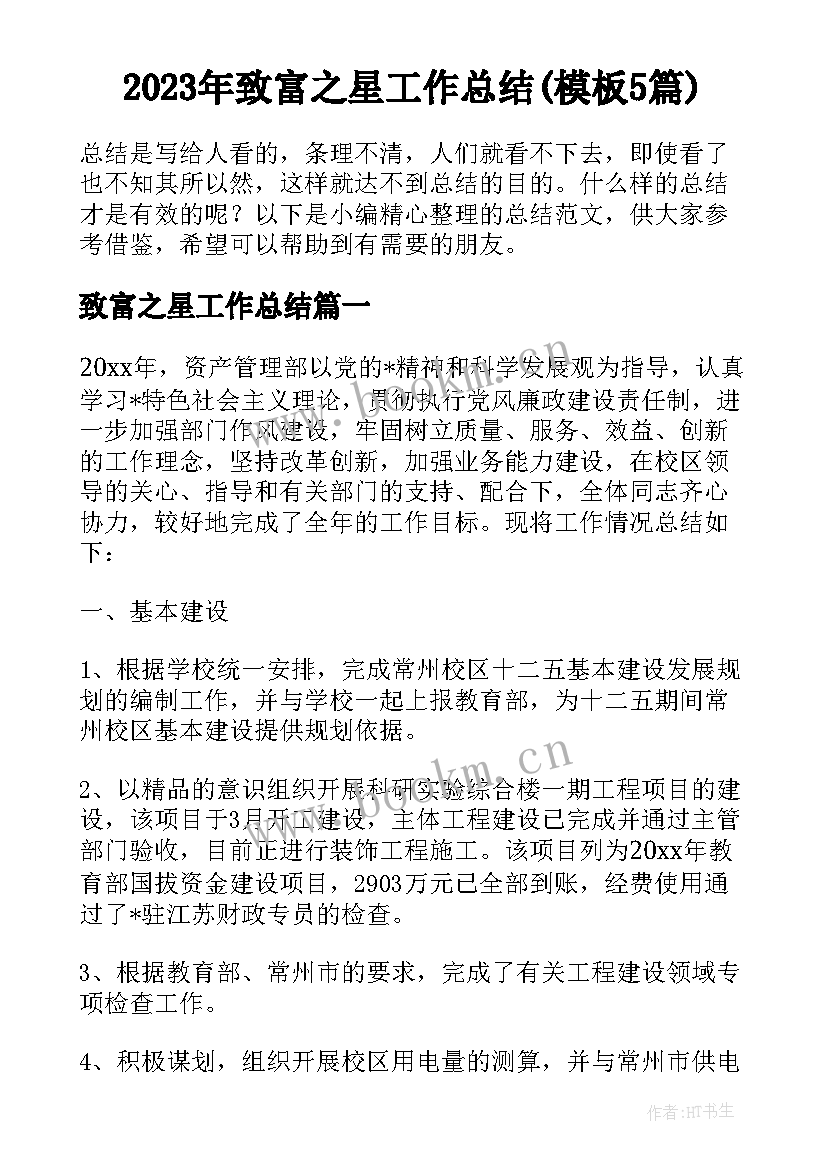 2023年致富之星工作总结(模板5篇)