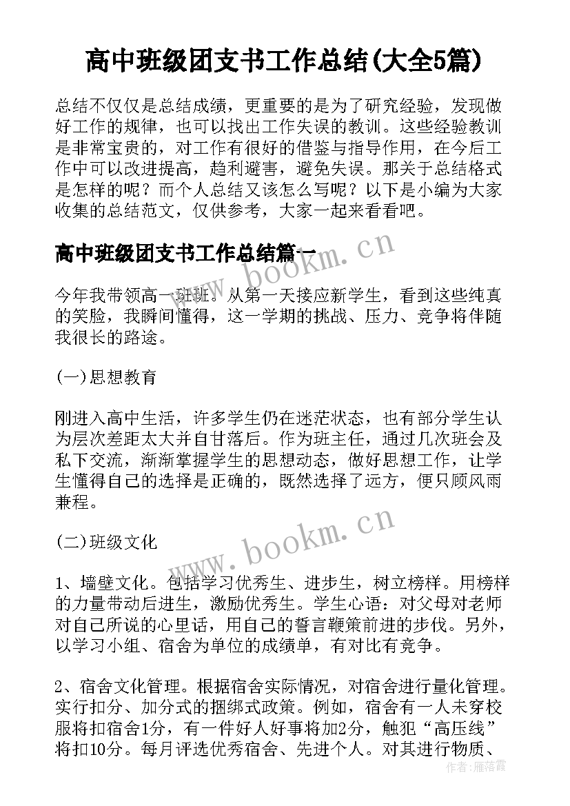 高中班级团支书工作总结(大全5篇)