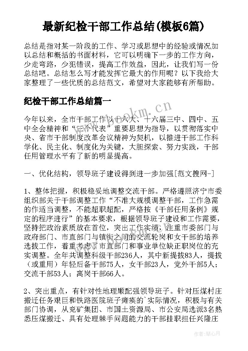 最新纪检干部工作总结(模板6篇)