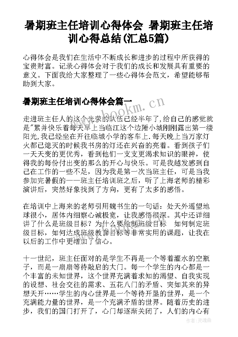 暑期班主任培训心得体会 暑期班主任培训心得总结(汇总5篇)