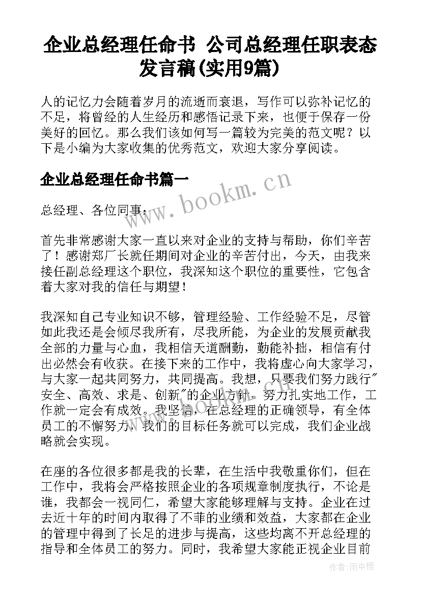 企业总经理任命书 公司总经理任职表态发言稿(实用9篇)