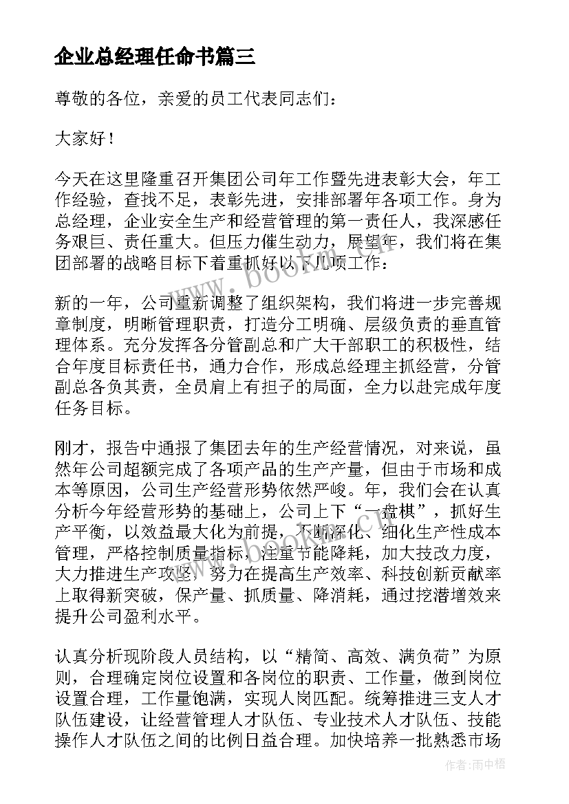 企业总经理任命书 公司总经理任职表态发言稿(实用9篇)