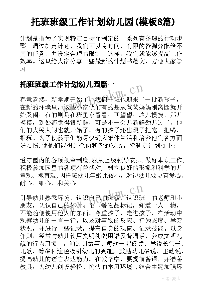 托班班级工作计划幼儿园(模板8篇)