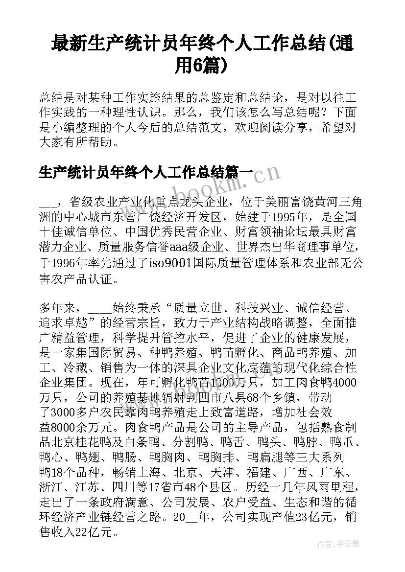 最新生产统计员年终个人工作总结(通用6篇)