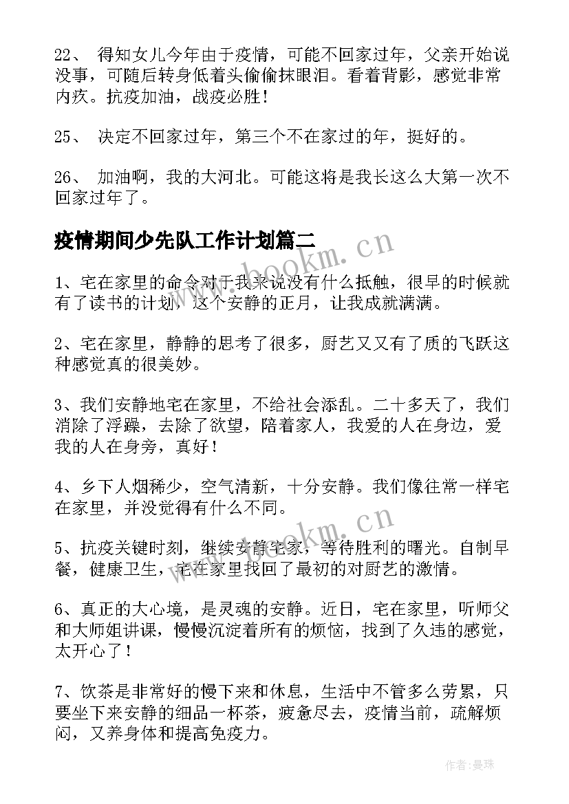 疫情期间少先队工作计划(优秀9篇)