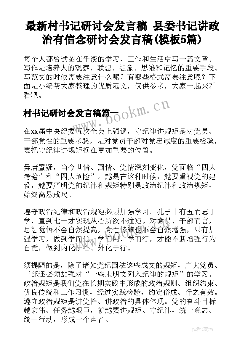 最新村书记研讨会发言稿 县委书记讲政治有信念研讨会发言稿(模板5篇)