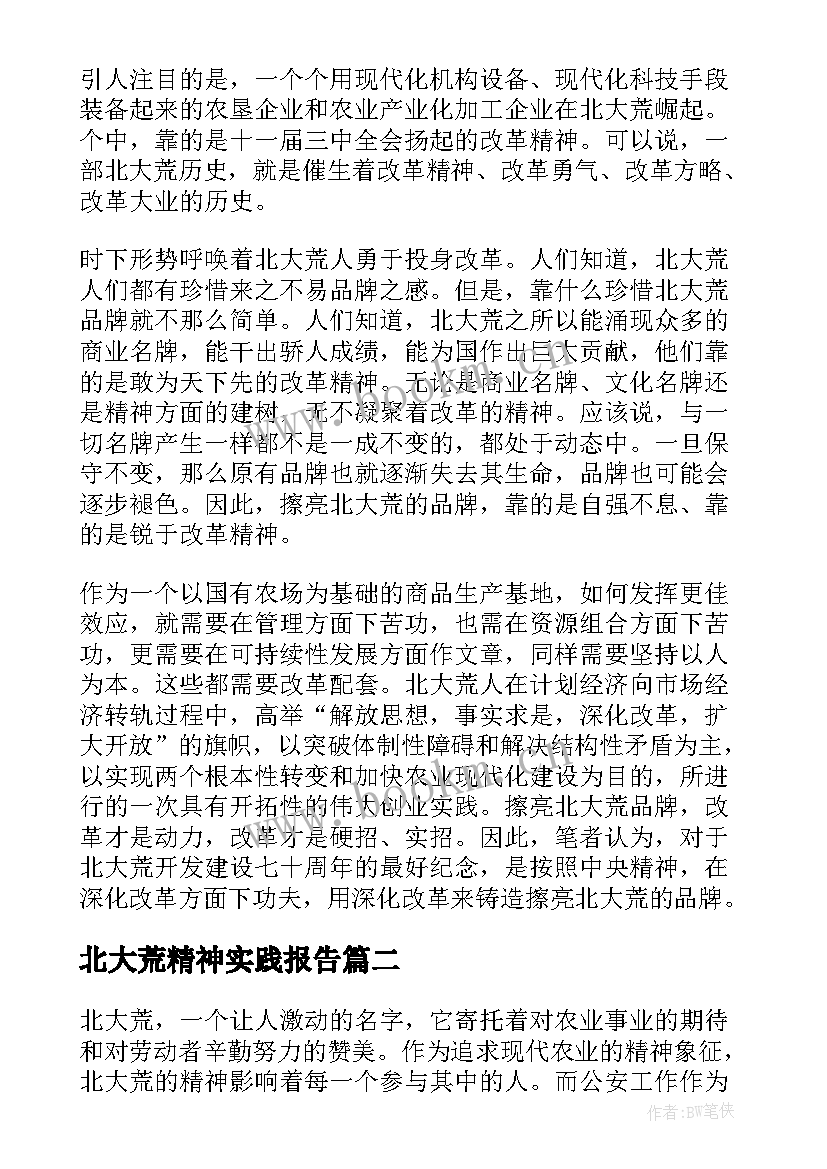 最新北大荒精神实践报告(优秀5篇)