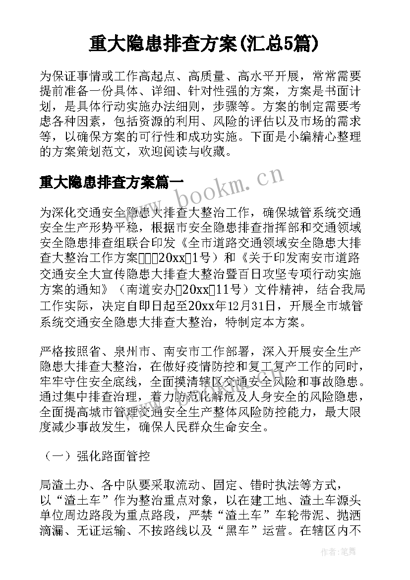 重大隐患排查方案(汇总5篇)