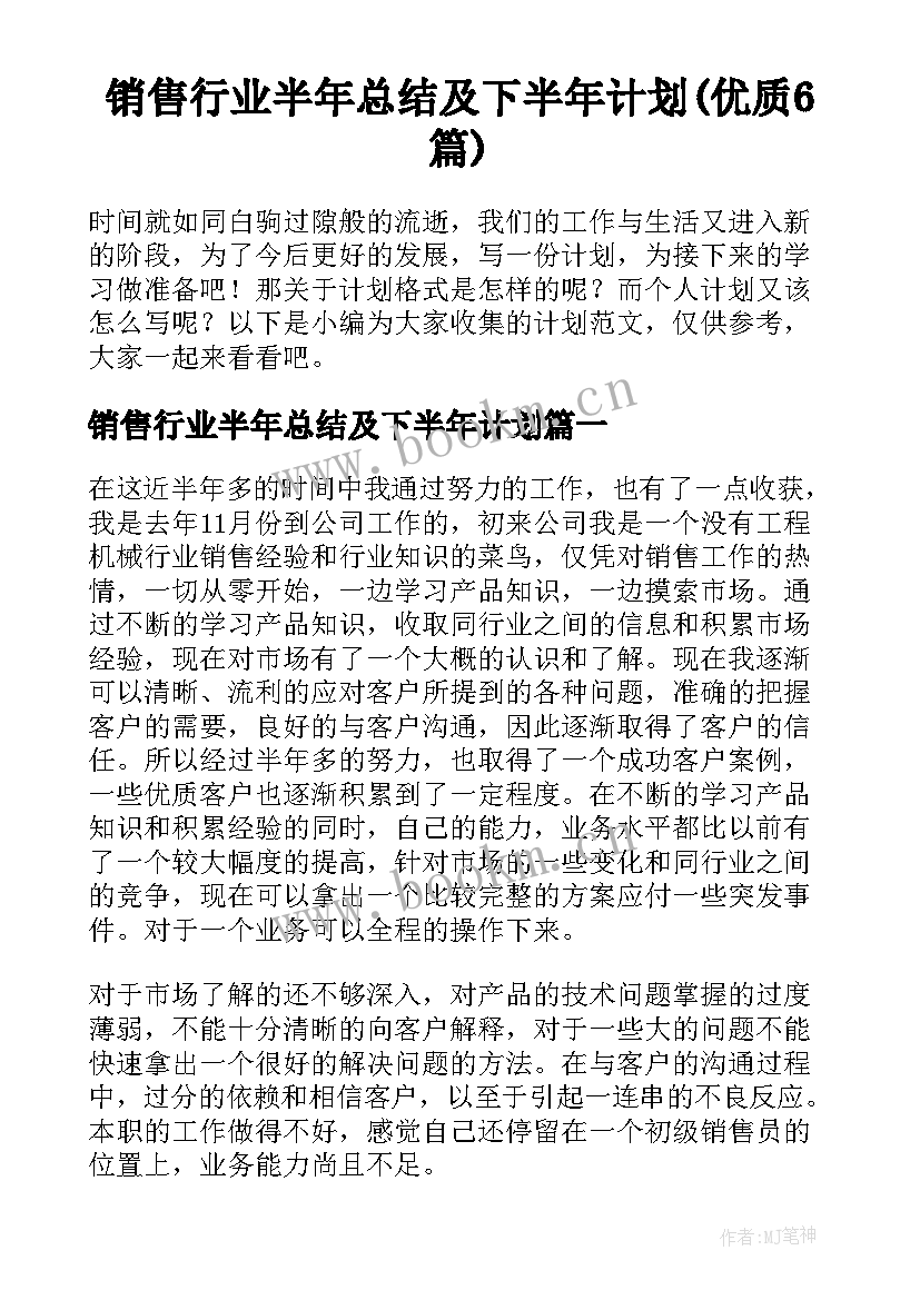 销售行业半年总结及下半年计划(优质6篇)