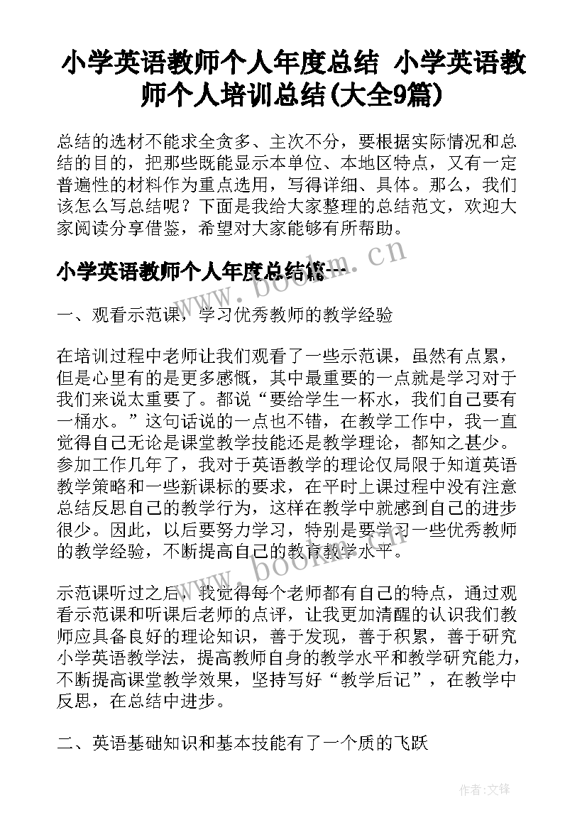 小学英语教师个人年度总结 小学英语教师个人培训总结(大全9篇)