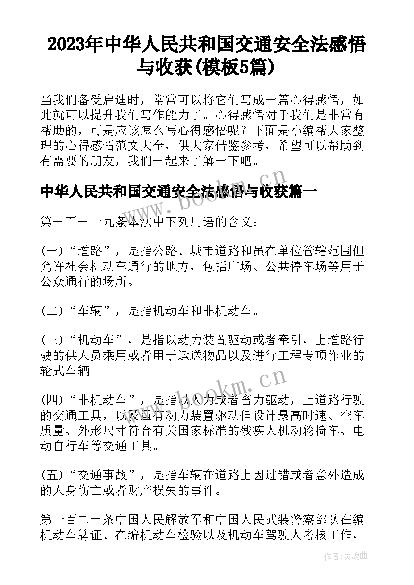 2023年中华人民共和国交通安全法感悟与收获(模板5篇)